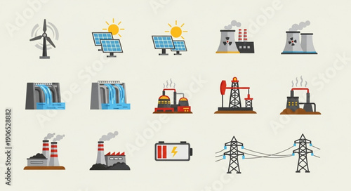 Collection of renewable and traditional energy source icons.