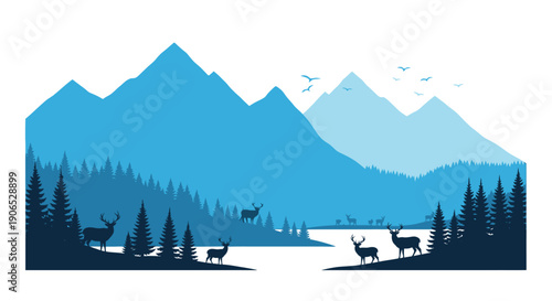 Stylized landscape featuring mountains deer and a serene lake scene