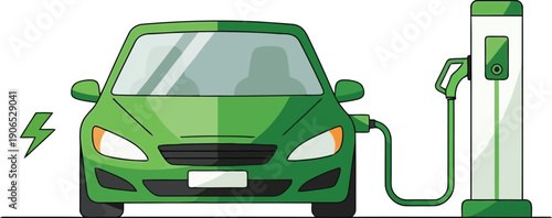 Eco-Friendly Vehicle Charging: A vibrant depiction of a modern electric car charging at a dedicated station, symbolizing the future of transportation and environmental consciousness.