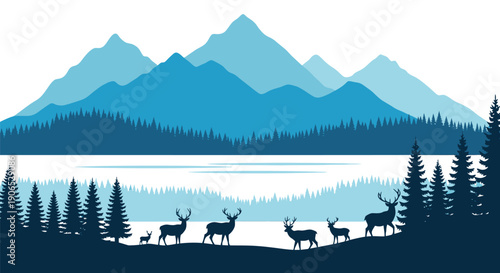 A serene landscape featuring mountains a lake and a family of deer