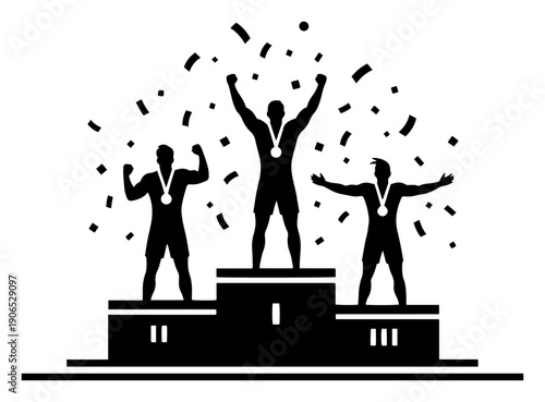 Successful athletes celebrating victory on winners podium with medals and confetti silhouette vector