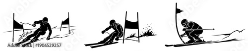 Black and white vector set of alpine skiers racing through gates on a mountain slope