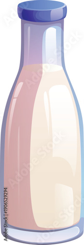 Cartoon traditional milk drink bottle with blue lid and glossy surface. Milk dairy product from cow and goat. Vector glass container with farm milk or yogurt for kids and breakfast. Lactose free drink