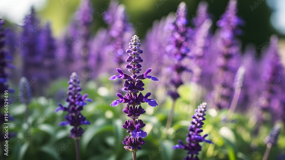 Obraz premium A vibrant field of purple flowers blooming under the sunlight.