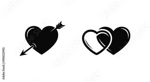 Two black hearts one pierced by an arrow symbolize love and connection