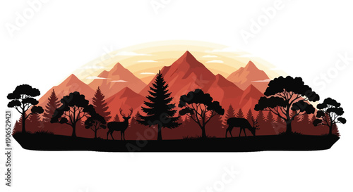 Silhouette of deer in a mountainous forest landscape at sunset