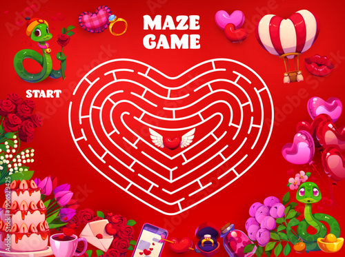 Valentine day labyrinth maze game with snakes and heart. Vector romantic riddle for children activities with tangled path, cartoon cute snake holding a rose trying to reach a winged heart in center