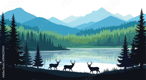 A serene landscape featuring deer near a calm lake and mountains