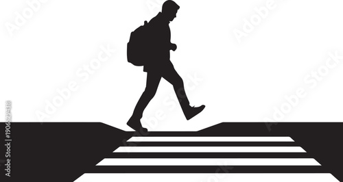 Man with backpack walking up stairs silhouette vector illustration urban commute concept