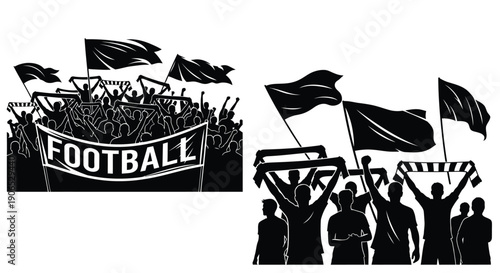 Black and white illustration of a cheering football crowd with waving flags