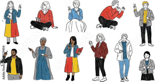 Diverse Individuals in Daily Life: A curated collection of diverse individuals, illustrated in a charming, artistic style, each engaged in simple, everyday activities.