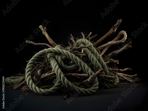 Obraz na płótnie Abstract Still Life of Coiled Rope and Wooden Poles on Dark Background