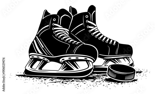 Detailed silhouette vector illustration of professional ice hockey skates and game puck