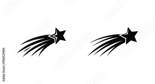 Two black shooting stars with trails against a white background