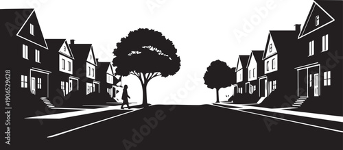 Silhouette of child walking on street in residential neighborhood vector illustration