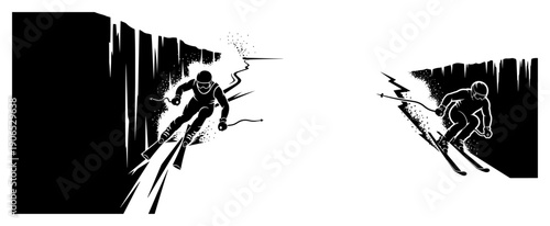 Extreme freeride skier descending a steep mountain couloir in black and white silhouette vector style