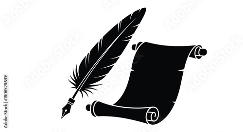 A black silhouette of a feather quill and rolled parchment scroll