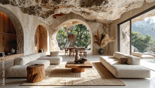 Luxurious Cave-Inspired Living Room with Tropical Garden View.