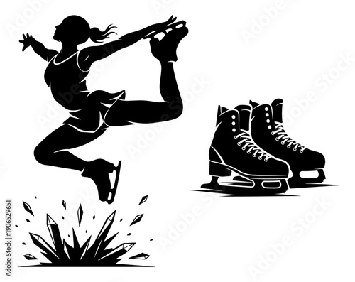 Figure skating vector set with a female athlete jumping on ice and professional skates in silhouette style