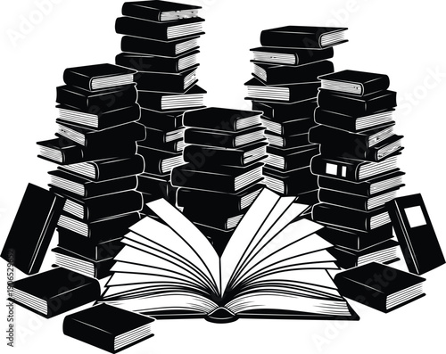 Stacked Books and Open Book Illustration for Educational, Library, and Literary Projects