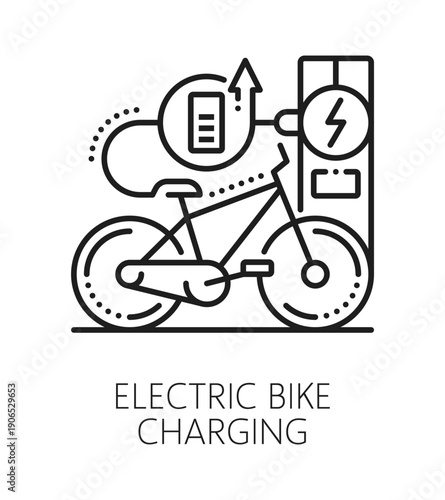 Electric bicycle charging service line icon or pictogram. Public transportation and cycling outline vector pictogram. Electric bicycle charging or rental service icon with charging station and battery