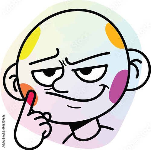 Skeptical cartoon face thinking with finger on cheek and smirk