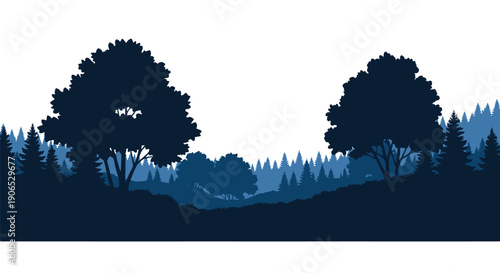 Silhouetted forest landscape with dark trees against a bright sky