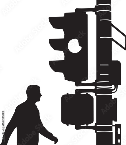Silhouette of man walking near traffic light illustration vector art