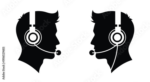 Two silhouetted profiles wearing headsets facing each other in communication