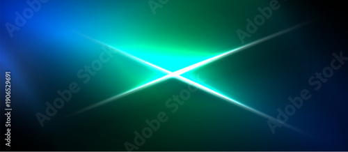 Bright starburst effect. Blue, green hues blend into darkness. Abstract light radiates outward, creating dynamic visual impact.