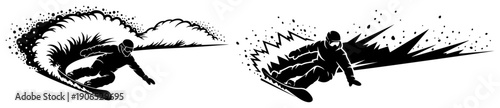 Dynamic black and white vector silhouette of a snowboarder carving through deep powder snow on a slope