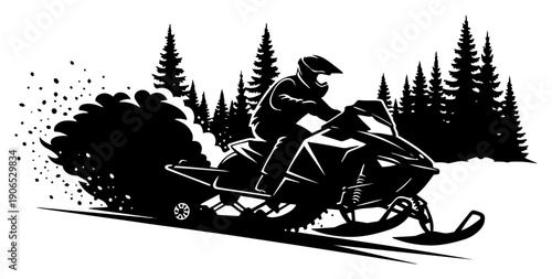 Snowmobile rider speeding through winter forest landscape silhouette vector illustration