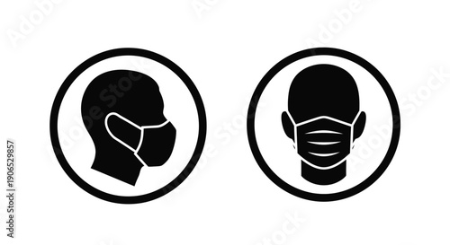 Two circular icons depicting a person with and without a face mask