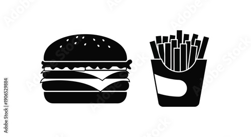 Black and white illustration of a burger and french fries combo