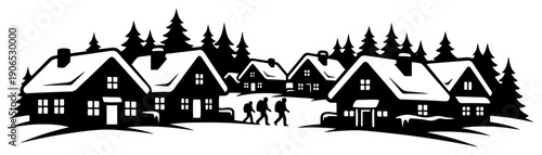 Silhouette of a cozy winter mountain village with snowy houses and hikers in the forest