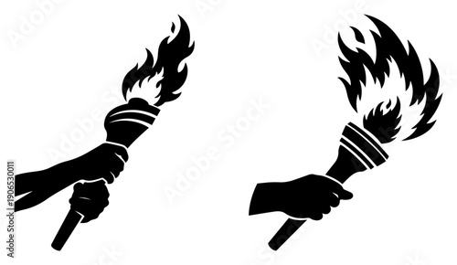 Silhouette of hands holding flaming torches as a symbol of sport and olympic spirit