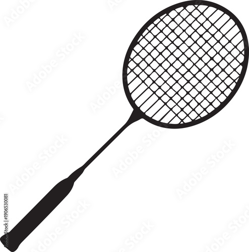 A black and white silhouette of a badminton racket