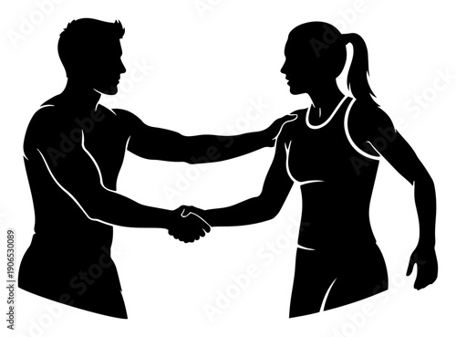 Athlete man and woman shaking hands silhouette vector for sportsmanship concept