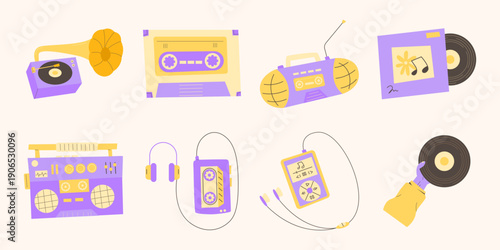 Vibrant Flat Illustration Set of Retro Music Players and Devices