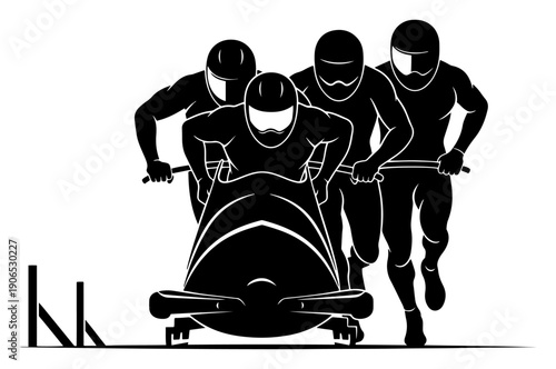 Professional four man bobsleigh team pushing the sled at the start of a winter race silhouette vector illustration