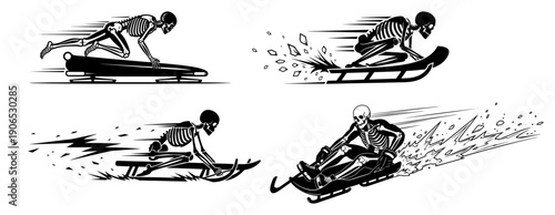 Humorous skeleton character silhouettes performing winter sliding sports like luge and skeleton on ice tracks