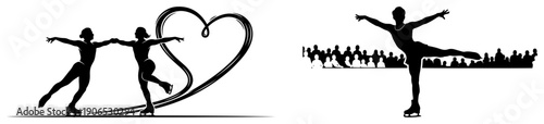 Pair figure skaters performing graceful moves on ice with heart shape trail silhouette vector