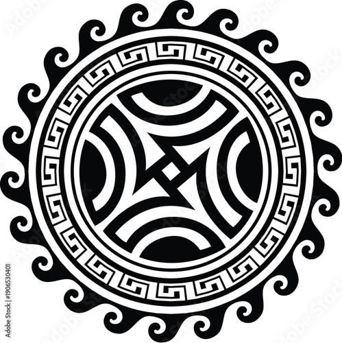 Maori sun medallion tribe graphic black tattoo or symbol. Polynesian ethnic graphic symbol, Samoan tribe folk decoration. Maori warrior abstract tattoo