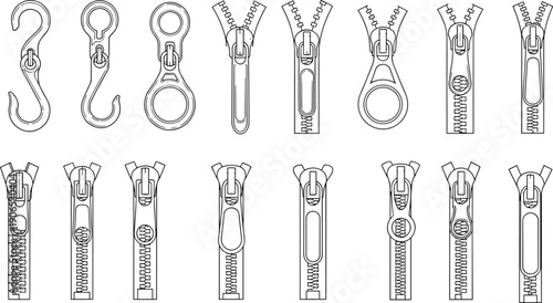 Zipper slider set technical vector illustration, clothing fastener components outline collection, sewing accessory design template, apparel hardware drawing pack