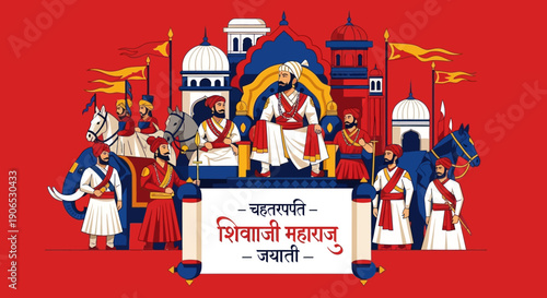 Illustration of Chhatrapati Shivaji Maharaj Jayanti celebration with people and Maratha warriors in traditional Indian attire, symbolizing Hindavi Svarajya and Indian nationalism.