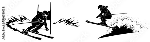 Professional alpine skiers racing through gates and carving through deep powder snow in silhouette style