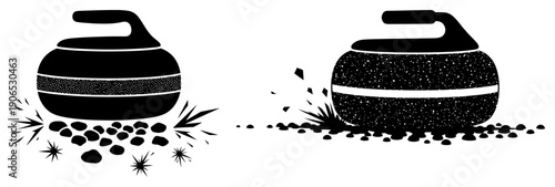 Black and white vector set of professional curling stones sliding on an ice rink