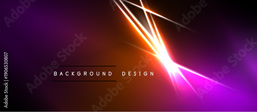Vibrant neon lines intersect over purple, orange gradient. Background features text background design. Modern, dynamic visual effect.