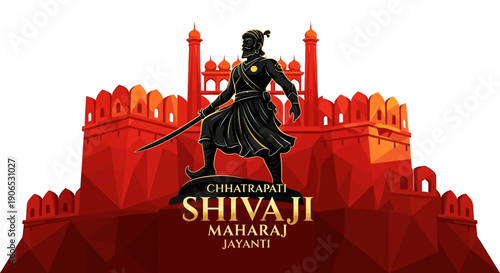 Illustration of Chhatrapati Shivaji Maharaj standing in front of a red fort on Chhatrapati Shivaji Maharaj Jayanti, a historic Indian celebration.