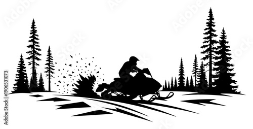 Snowmobile rider speeding through a winter forest with pine trees silhouette vector